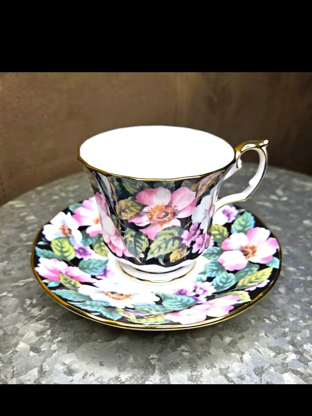 Vintage Queen’s Midnight Bloom Fine Bone China Teacup & Saucer England Floral